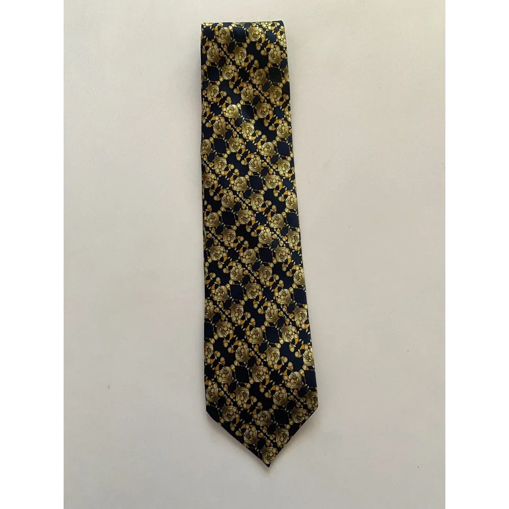 Laurant Benon Paris Mens Silk Tie Navy Blue Gold Floral Art Nouveau Pattern